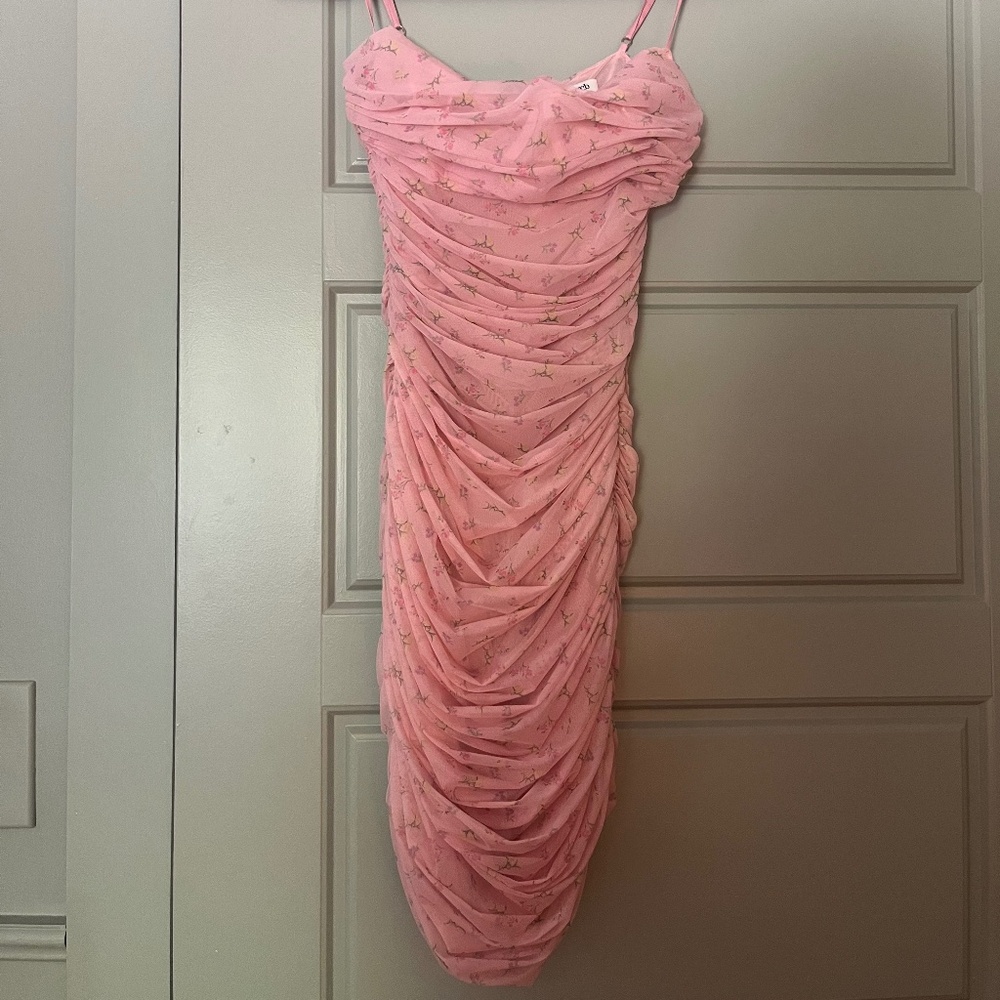 House of CB ELLA PINK FLORAL RUCHED ORGANZA MESH MINI DRESS!